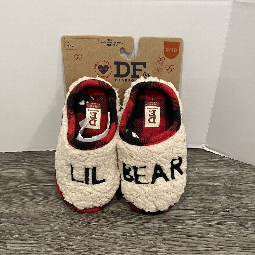 Dearfoams Lil Bear‎ Kids Slippers Size 9-10 Sherpa Clog Plaid Memory Foam NEW